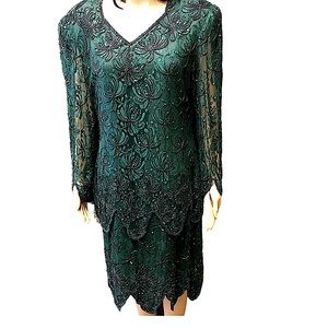 Vintage Laurence Kazan Emerald Beaded Party Dress B9